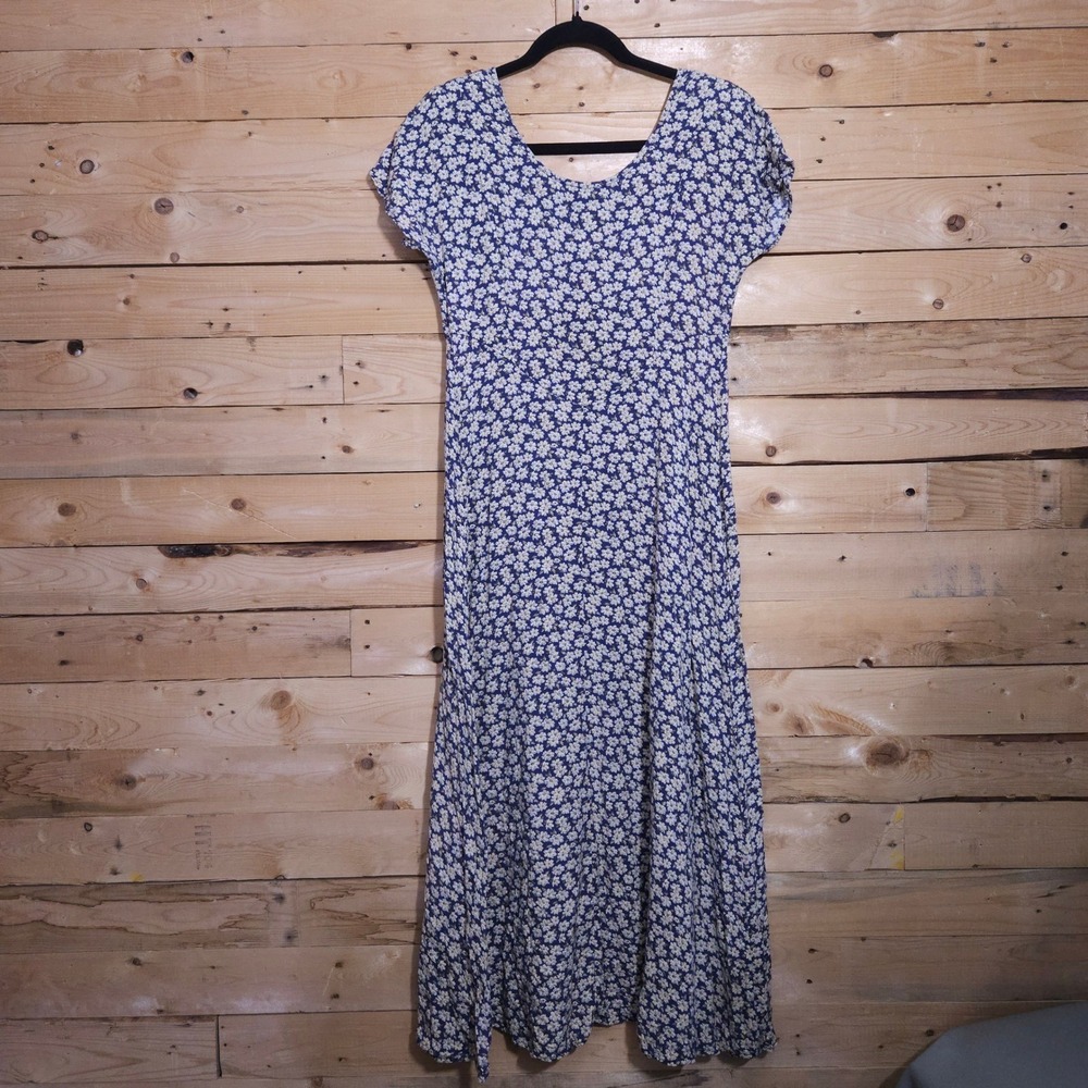 Vintage All That Jazz Navy Blue Floral Daisy Midi Dress 9 / 10 90s USA Grunge - Picture 2 of 10